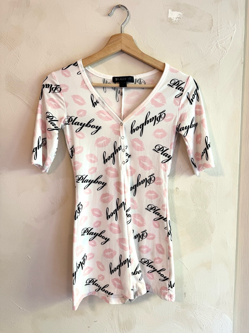 Playboy | Romper | Pink Lips Kisses & Logo All Over Print | Size XS